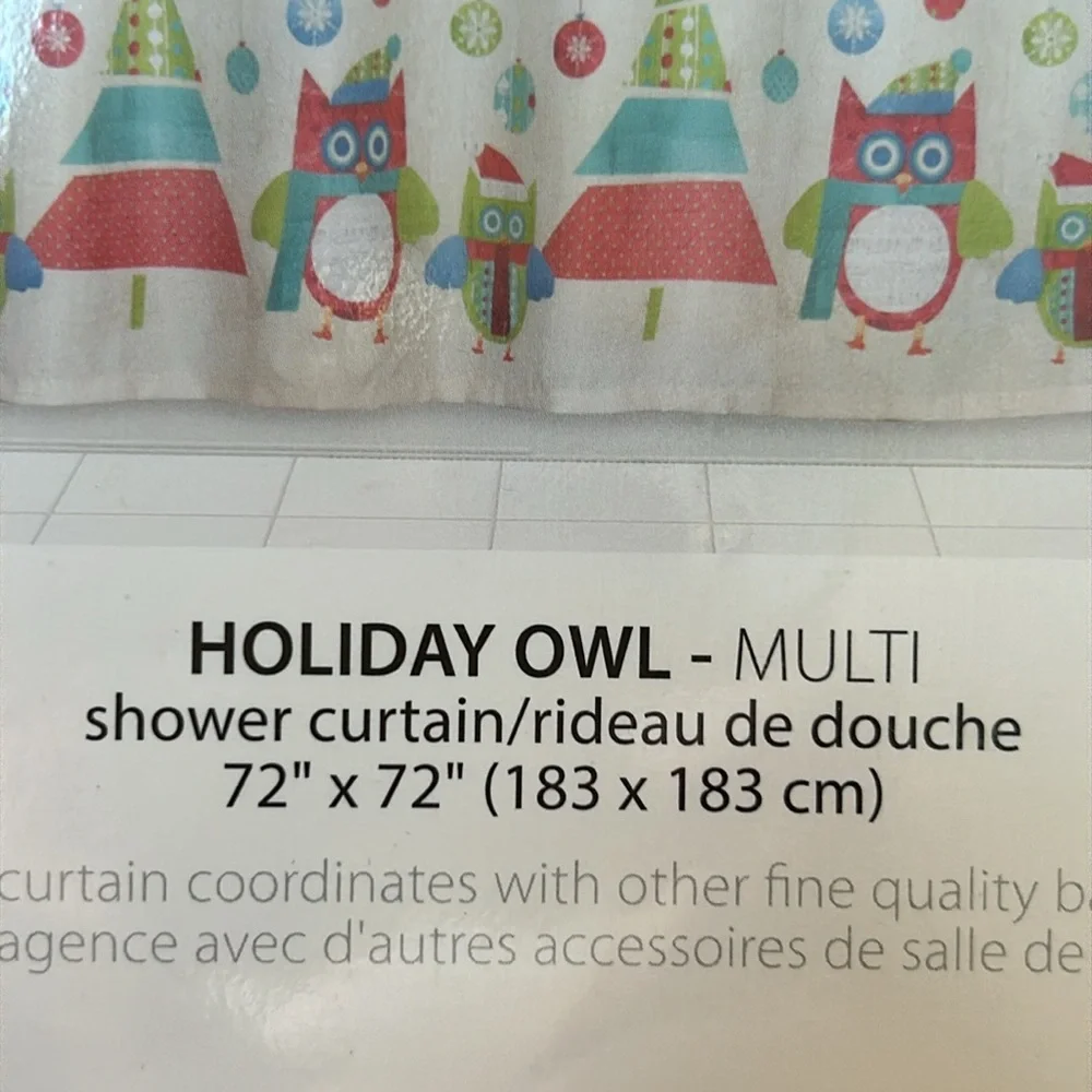 Creative Bath Products Holiday Owl shower curtain. Owls and Christmas trees NEW
